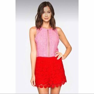 SugarLips Birdie Crochet Lace Romper Color Block Pink Red Small‎